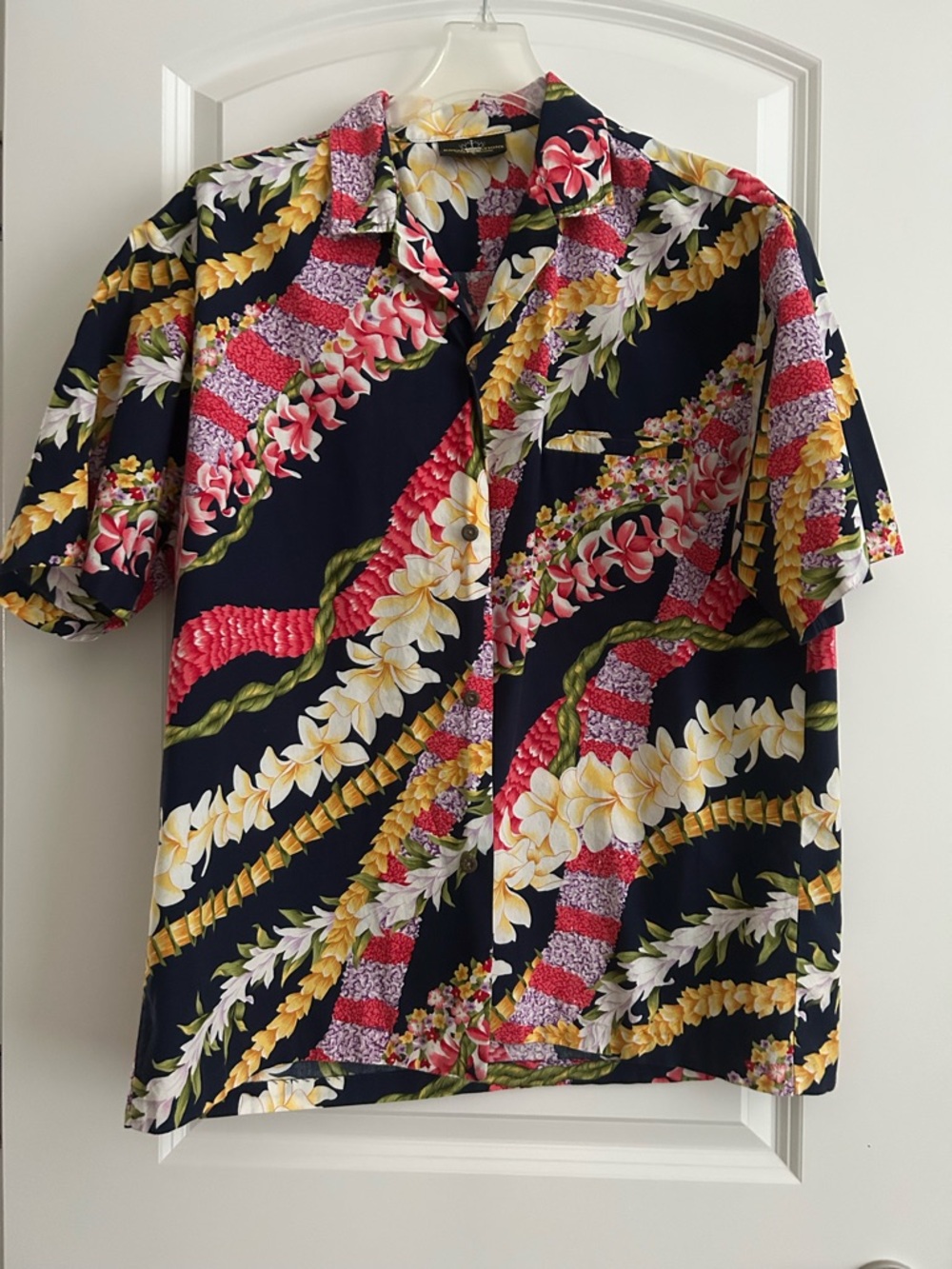 Men's Floral Hawaiian Shirt - Navy with Yellow & Pink Bloom SS size Large